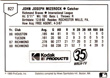 1989 ProCards Minor League Team Sets #827 John Mizerock Back