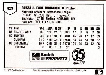 1989 ProCards Minor League Team Sets #829 Rusty Richards Back