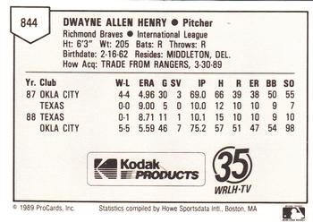 1989 ProCards Minor League Team Sets #844 Dwayne Henry Back