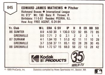 1989 ProCards Minor League Team Sets #845 Eddie Mathews Back
