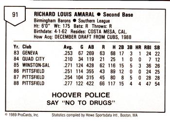 1989 ProCards Minor League Team Sets #91 Rich Amaral Back