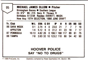 1989 ProCards Minor League Team Sets #95 Mike Ollom Back