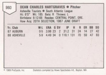 1989 ProCards Minor League Team Sets #960 Dean Hartgraves Back
