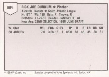1989 ProCards Minor League Team Sets #964 Rick Dunnum Back