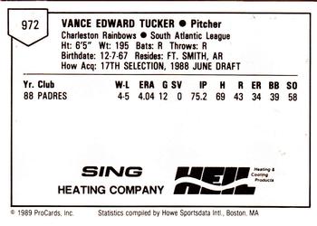 1989 ProCards Minor League Team Sets #972 Vance Tucker Back