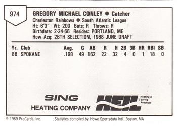 1989 ProCards Minor League Team Sets #974 Greg Conley Back