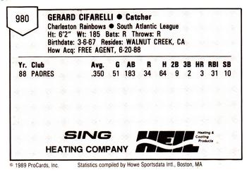 1989 ProCards Minor League Team Sets #980 Gerard Cifarelli Back
