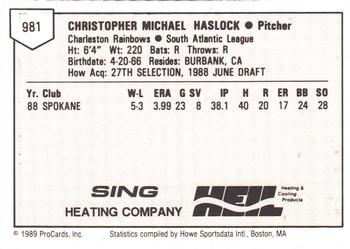 1989 ProCards Minor League Team Sets #981 Chris Haslock Back
