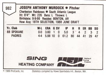 1989 ProCards Minor League Team Sets #982 Joe Murdock Back