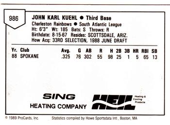 1989 ProCards Minor League Team Sets #986 John Kuehl Back