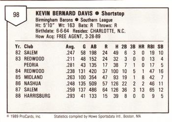 1989 ProCards Minor League Team Sets #98 Kevin Davis Back