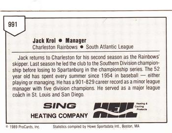 1989 ProCards Minor League Team Sets #991 Jack Krol Back
