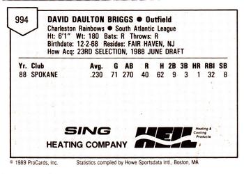 1989 ProCards Minor League Team Sets #994 Dave Briggs Back