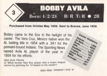 1981 Boston Globe Boston Red Sox #3 Bobby Avila Back