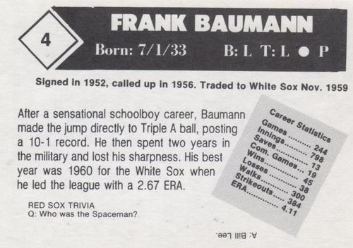 1981 Boston Globe Boston Red Sox #4 Frank Baumann Back
