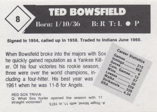 1981 Boston Globe Boston Red Sox #8 Ted Bowsfield Back