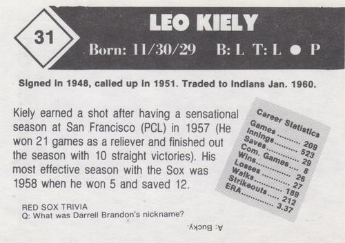 1981 Boston Globe Boston Red Sox #31 Leo Kiely Back