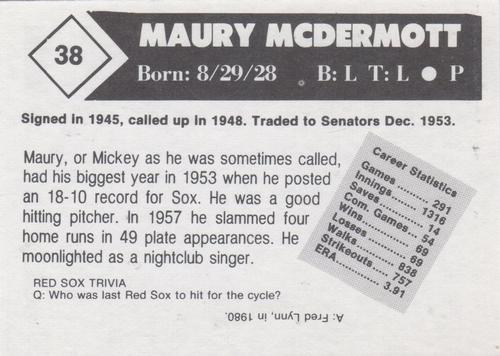 1981 Boston Globe Boston Red Sox #38 Maury McDermott Back