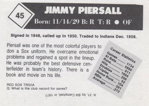 1981 Boston Globe Boston Red Sox #45 Jimmy Piersall Back