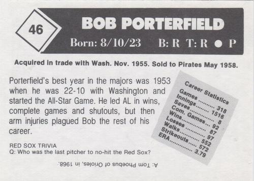 1981 Boston Globe Boston Red Sox #46 Bob Porterfield Back