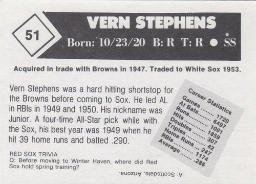 1981 Boston Globe Boston Red Sox #51 Vern Stephens Back