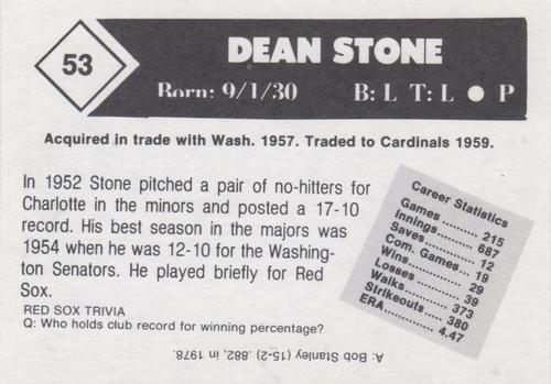 1981 Boston Globe Boston Red Sox #53 Dean Stone Back