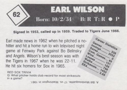 1981 Boston Globe Boston Red Sox #62 Earl Wilson Back