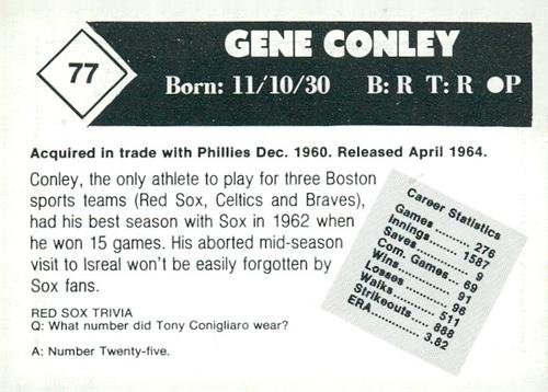 1981 Boston Globe Boston Red Sox #77 Gene Conley Back