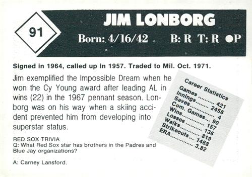 1981 Boston Globe Boston Red Sox #91 Jim Lonborg Back