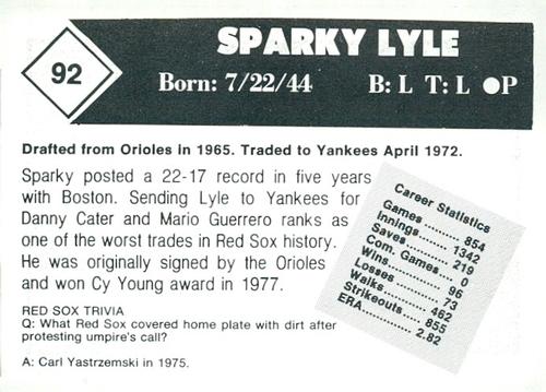 1981 Boston Globe Boston Red Sox #92 Sparky Lyle Back