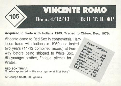 1981 Boston Globe Boston Red Sox #105 Vicente Romo Back