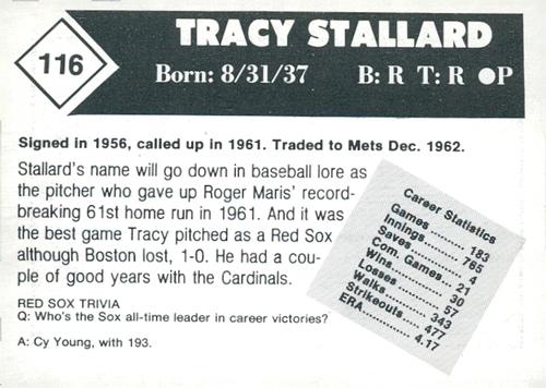 1981 Boston Globe Boston Red Sox #116 Tracy Stallard Back