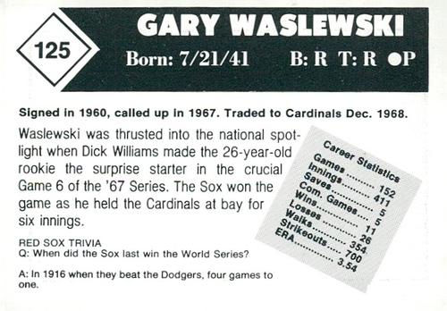 1981 Boston Globe Boston Red Sox #125 Gary Waslewski Back