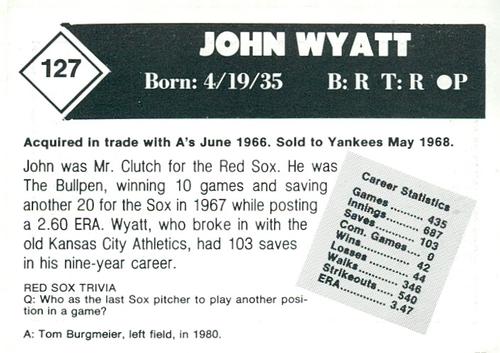 1981 Boston Globe Boston Red Sox #127 John Wyatt Back