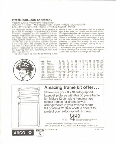 1971 Arco Pittsburgh Pirates #NNO Bob Robertson Back