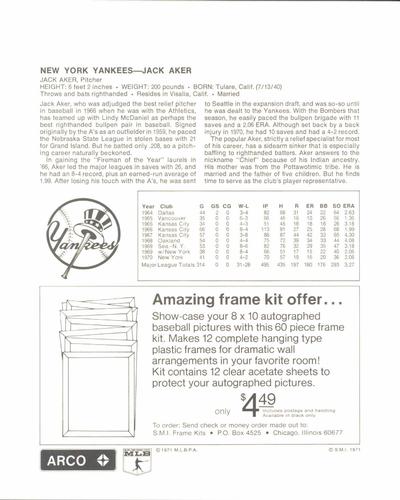 1971 Arco New York Yankees #NNO Jack Aker Back