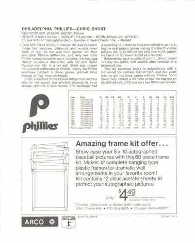 1971 Arco Philadelphia Phillies #NNO Chris Short Back