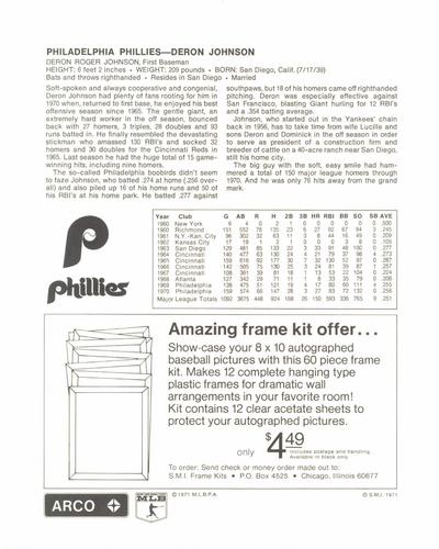 1971 Arco Philadelphia Phillies #NNO Deron Johnson Back