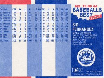 1987 Fleer Baseball's Best Sluggers vs. Pitchers #13 Sid Fernandez Back