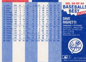 1987 Fleer Baseball's Best Sluggers vs. Pitchers #34 Dave Righetti Back