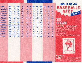 1987 Fleer Baseball's Best Sluggers vs. Pitchers #5 Sid Bream Back