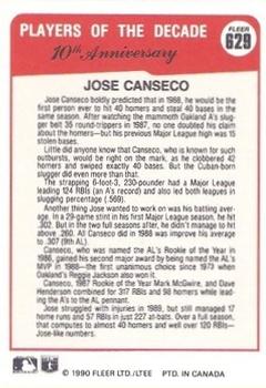 1990 Fleer Canadian #629 Jose Canseco Back