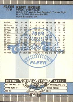 1989 Fleer - Glossy #116 Kent Hrbek Back