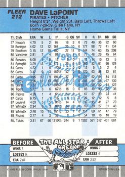 1989 Fleer - Glossy #212 Dave LaPoint Back