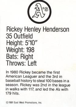 1981 Granny Goose Oakland Athletics #NNO Rickey Henderson Back