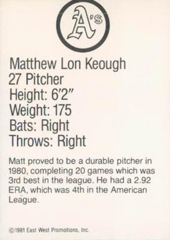 1981 Granny Goose Oakland Athletics #NNO Matt Keough Back