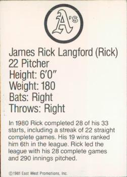 1981 Granny Goose Oakland Athletics #NNO Rick Langford Back