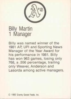 1982 Granny Goose Oakland Athletics #NNO Billy Martin Back