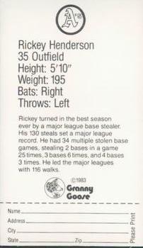 1983 Granny Goose Oakland Athletics #NNO Rickey Henderson Back