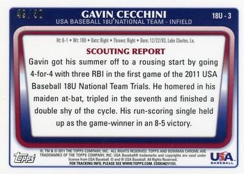 2011 Bowman Chrome - 18U USA National Team Autographs Gold Refractors #18U-3 Gavin Cecchini Back